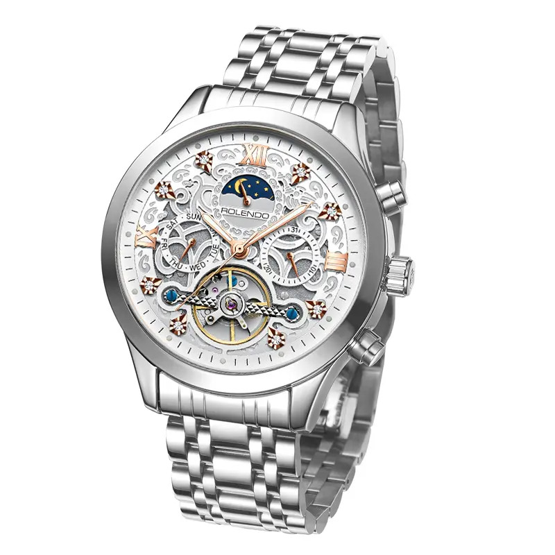 Openwork Engraved Moon Phase Skeleton Automatic Men Watch, Vintage Art Luxury Business Gift For Cultured Gentlemen
