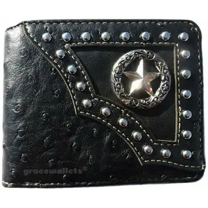Men's Western Bifold Wallet – Black Checkbook Style with Star Concho, Multi-Card Slots & Slim Design