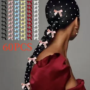 60pcs Small Hair Clips, Solid Color Hair Ribbon Clips Barrettes Pins Metal Hair Accessories, Mini Cute Bow Hair Clips for Women