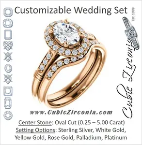 CZ Wedding Set, featuring The Thelma Ann engagement ring (Customizable Cathedral-Halo Oval Cut Design with Thin Accented Band)