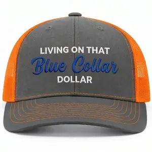 Men's Trucker Hat, "Living On That Blue Collar Dollar" Embroidered Mesh-Back Snapback in Grey and Orange