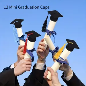 12 Mini Graduation Caps, Bachelor's Caps with Tassel Bottle Cap Decorations, Felt Wine Bottle Decorations, Mini Graduation Caps for Graduation Party Decorations