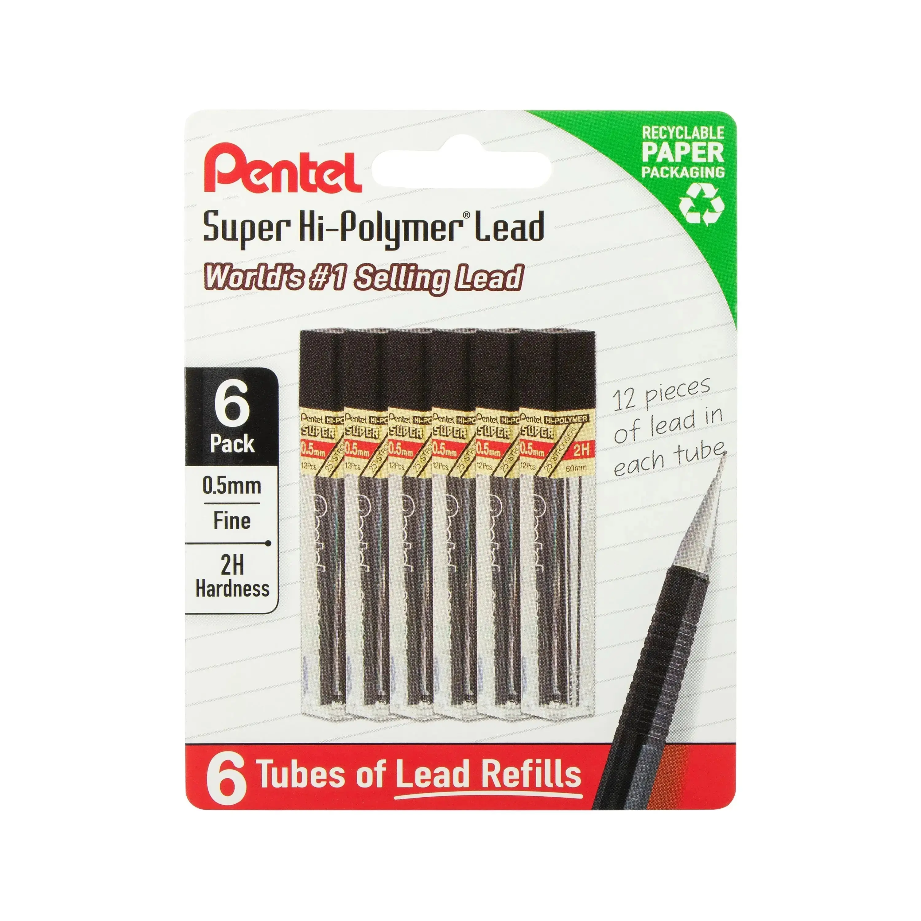 Pentel Super Hi-Polymer Lead Refills - 0.5 mm, 6-Tube Pack (90 Pcs Total), Crisp Lines, Precise Writing, Artistic Sketching, Clean & Easy Erasing, Compatible with Plastic Tube & Pre-Filled Pencils, Dark, Artists