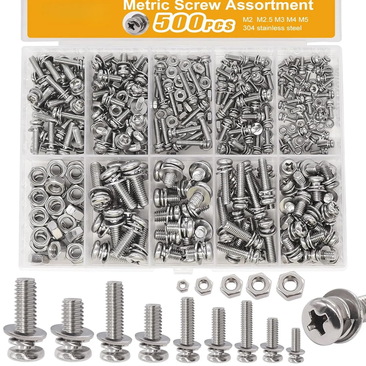 500 count Nut and Bolt Assortment Kit,M2 M2.5 M3 M4 M5 Machine Screws, 304 Stainless Steel Combination Screws for Electronics,,DIY Projects K-188