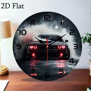 2D Flat, 1 pc, muscle car smoke drift, silent round quartz wall clock, suitable for bedroom, living room, office, kitchen decoration - (AA batteries not included) Christmas decoration