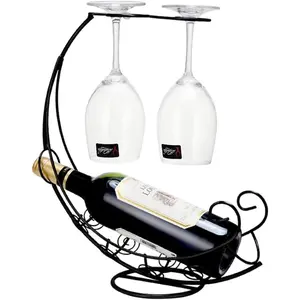 Homya Fine Forged Metal Tabletop Wine Rack Gold Display Holder for 1 Wine Bottle and 4 Glasses Elegant Bar Counter Decor Kitchen Dining Room