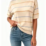 Shewin Women's Striped Knit Round Neck Short-Sleeve Loose Pullover - Ribbed Neck, Ribbed Cuffs, Polyamide, 52% Viscose Feels Soft, Casual Everyday Wear, Black Stripe, Tops for Women,sohochic