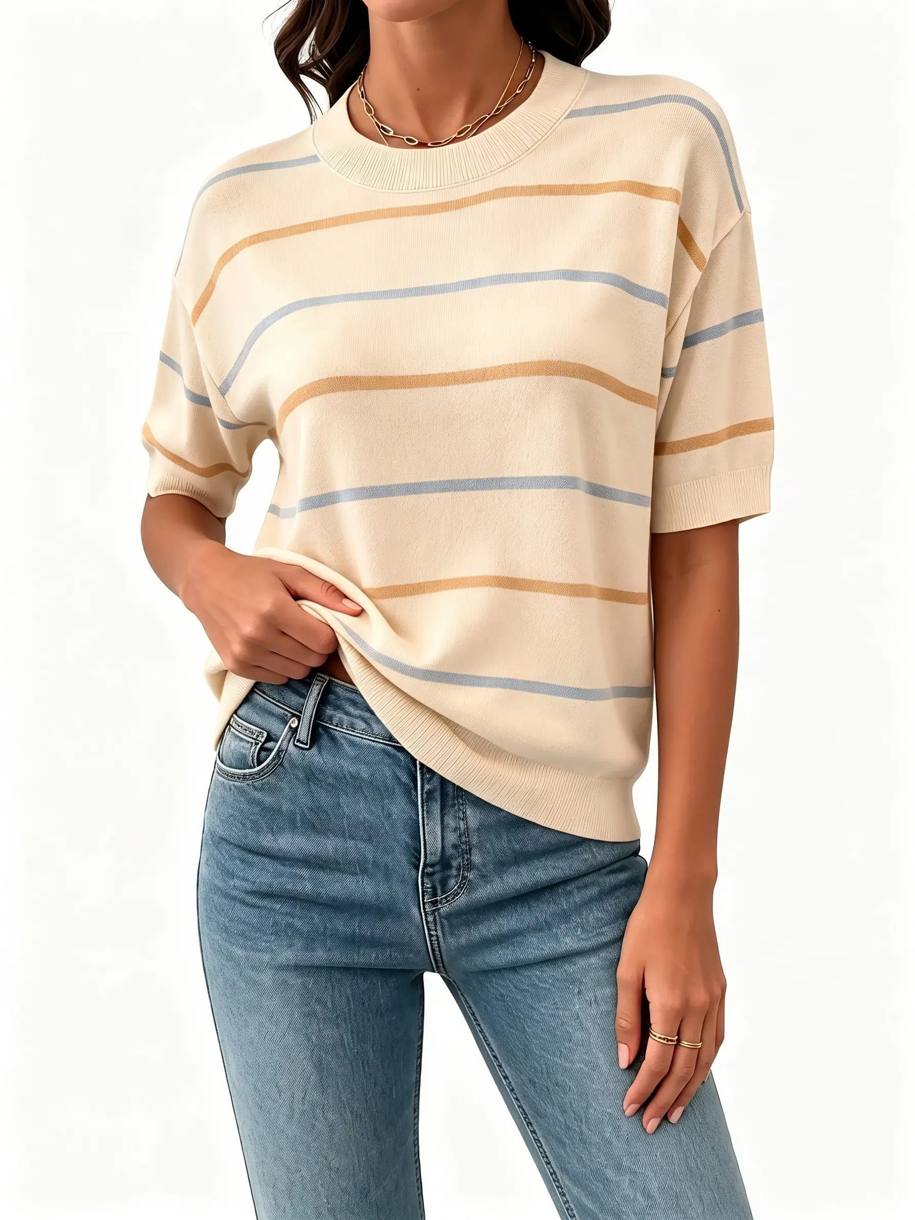 Shewin Women's Striped Knit Crew Neck Shortsleeve Pullover - Loose Fit, Ribbed Neck & Cuff, Casual Everyday Wear, Tops for Women, T Shirts