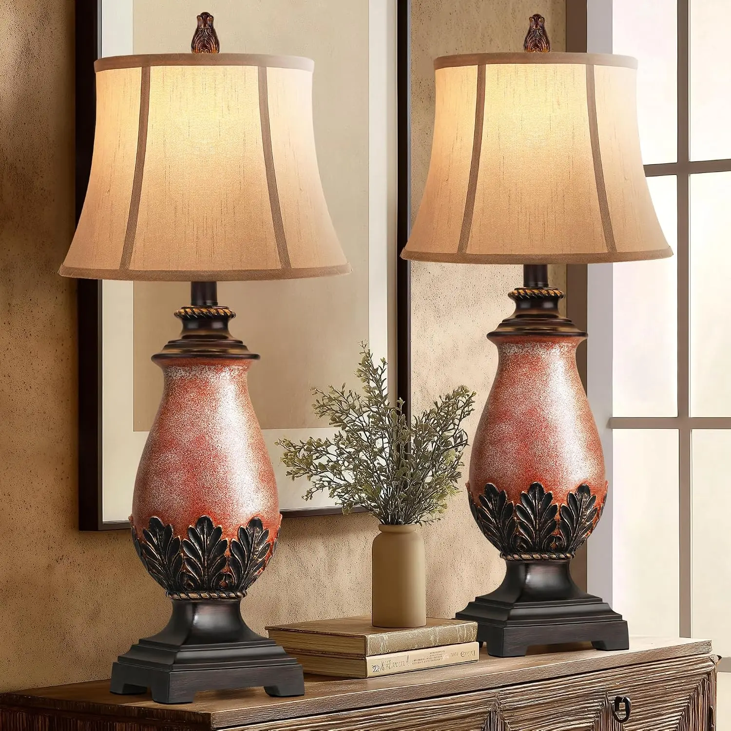 27" Set of 2 Tall Farmhouse Rustic Table Lamps for Living Room,3-Color Temperature Dimmable Western Bedroom Lamps for Night Stands Traditional Antique Decor (Amber) (Retro, 2)