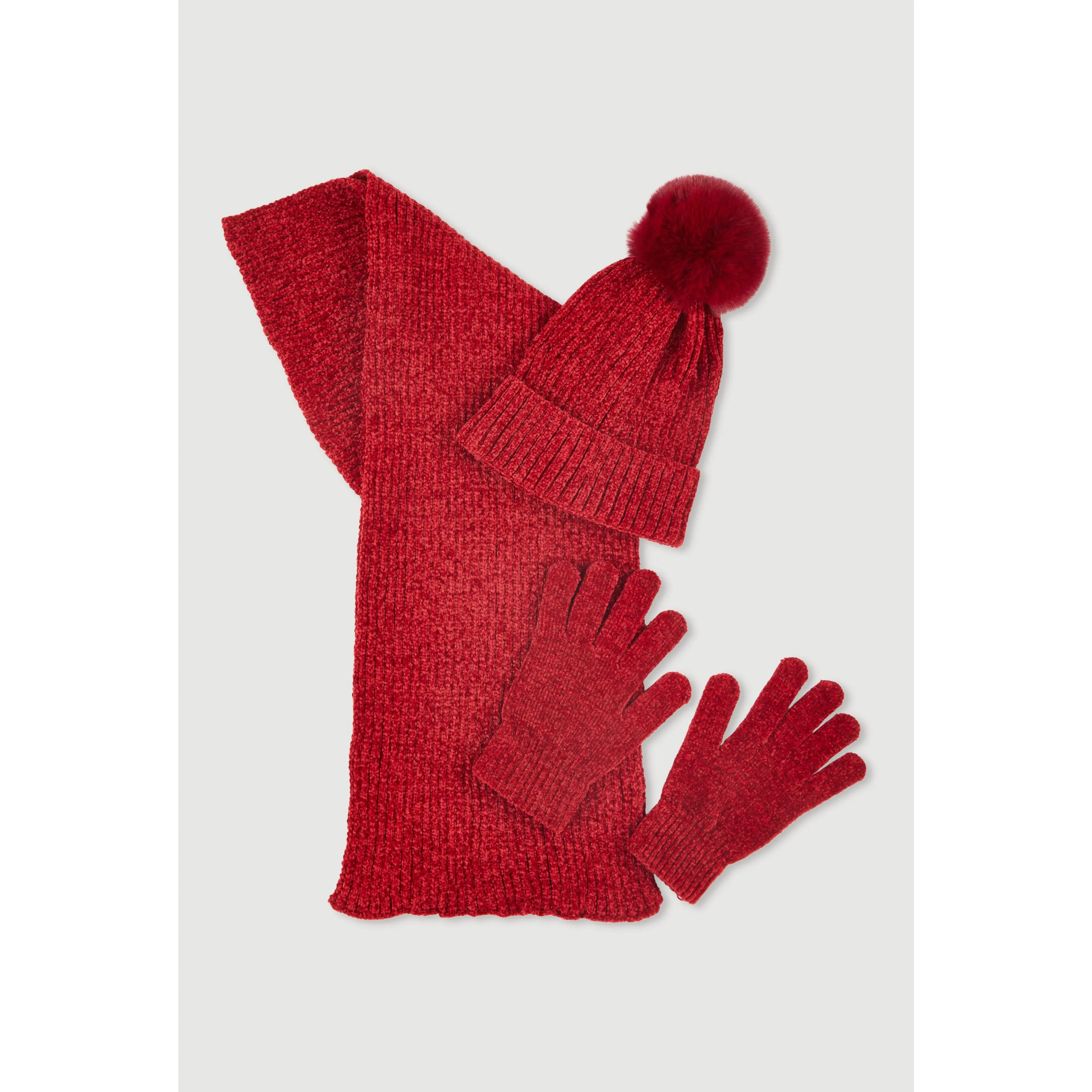 Chenille Scarf with Pom Pom Beanie and Gloves Set