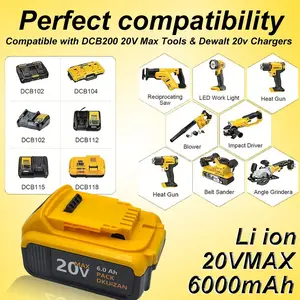 6.0Ah replacement High Output Lithium High Capacity Battery, suitable for Dewalt 20V Max batteries DCB205-2 DCB206 DCB204 DCB203 DCB208, compatible with Dewalt 20V cordless power tools.