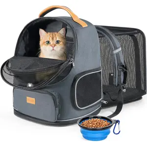 Expandable Cat Carrier Backpack for Small Dogs & Cats Up to 25lbs, Breathable Mesh Pet Travel Backpack with Safety Leash, Foldable Airline Approved for Hiking Camping Outdoor, Grey