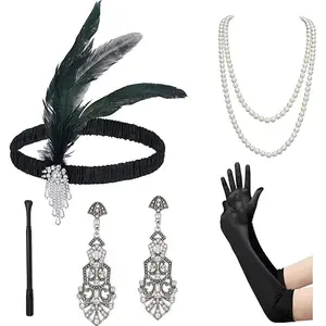 1920s Flapper Costume Accessories Set with a Long Holder, Feather Headband, Beaded Necklace, Earrings & Gloves with Cigarette Prop, Retro Vintage Decor for Party & Wedding Dress Up