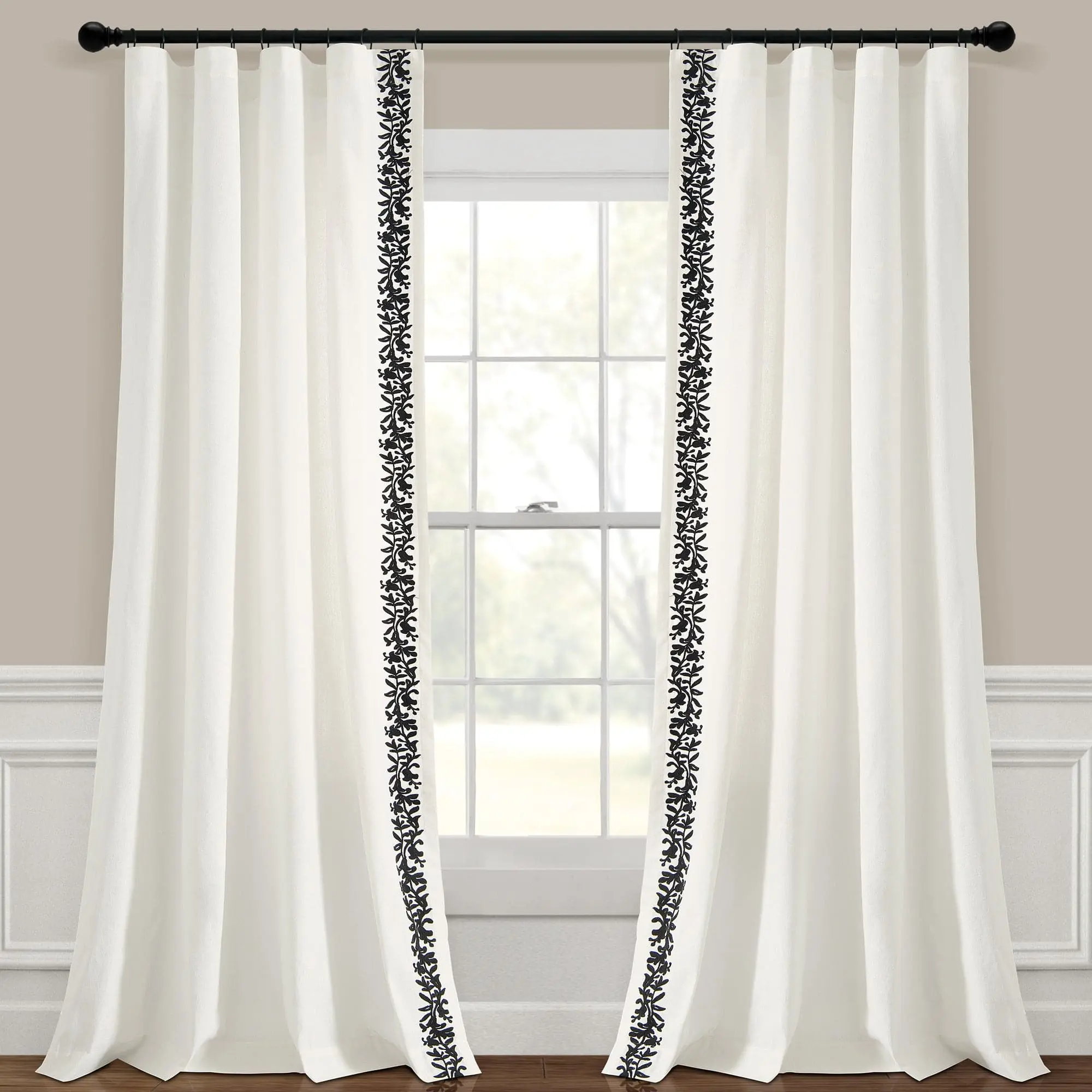 Lush Decor Luxury Modern Flower Linen Like Embroidery Border Window Curtain (Single Panel), 52"W x 84"L Faux Linen Material with 3" Rod Pockets for Interior Decoration