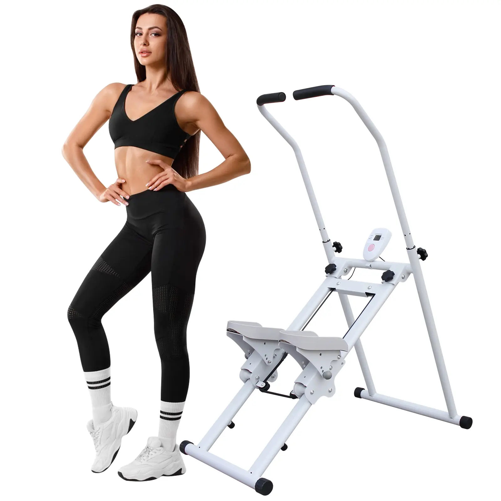 Folding Vertical Stair Stepper - Steel Stair-Master Cardio Exercise Climber for Home Body-Shaping Workout, Adjustable Height, LCD Display, 300 lbs Capacity, Burns More Calories, 300 Pounds
