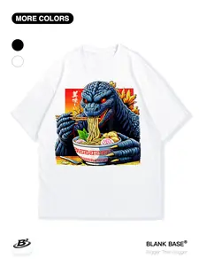 Funny Godzilla Eating Ramen Graphic Loose-Fit Short Sleeve, Casual Breathable Unisex Top, Trendy Fashion Long Sleeve Shirt
