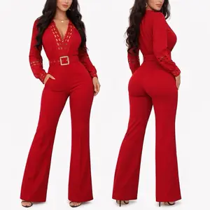 V22-016 Elegant Red Deep V Lace Detail Jumpsuit – Flare Leg
