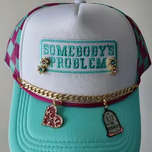 Somebody's Problem Checkered Pink/Teal Trucker Hat Unisex with Gold Chain and Charm Details