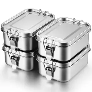 4 Stainless Steel Food Containers Metal Bento Lunch Box Storage  Lockable Clips To Leak Proof Reusable Dishwasher Snack Boxes For Work Picnic (550ml)