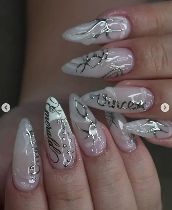 Silver Chrome Princess Nails, Gray Ombre Press Ons, Metallic Swirl Art, Elegant Almond Nail Set, Luxe Statement Manicure