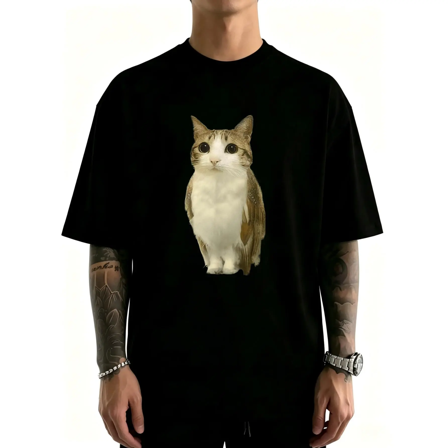 Unisex Cat Owl Cursed Internet Funny Brainrot Meowl Meme T-ShirtCotton Clothing Streetwear Men's Top