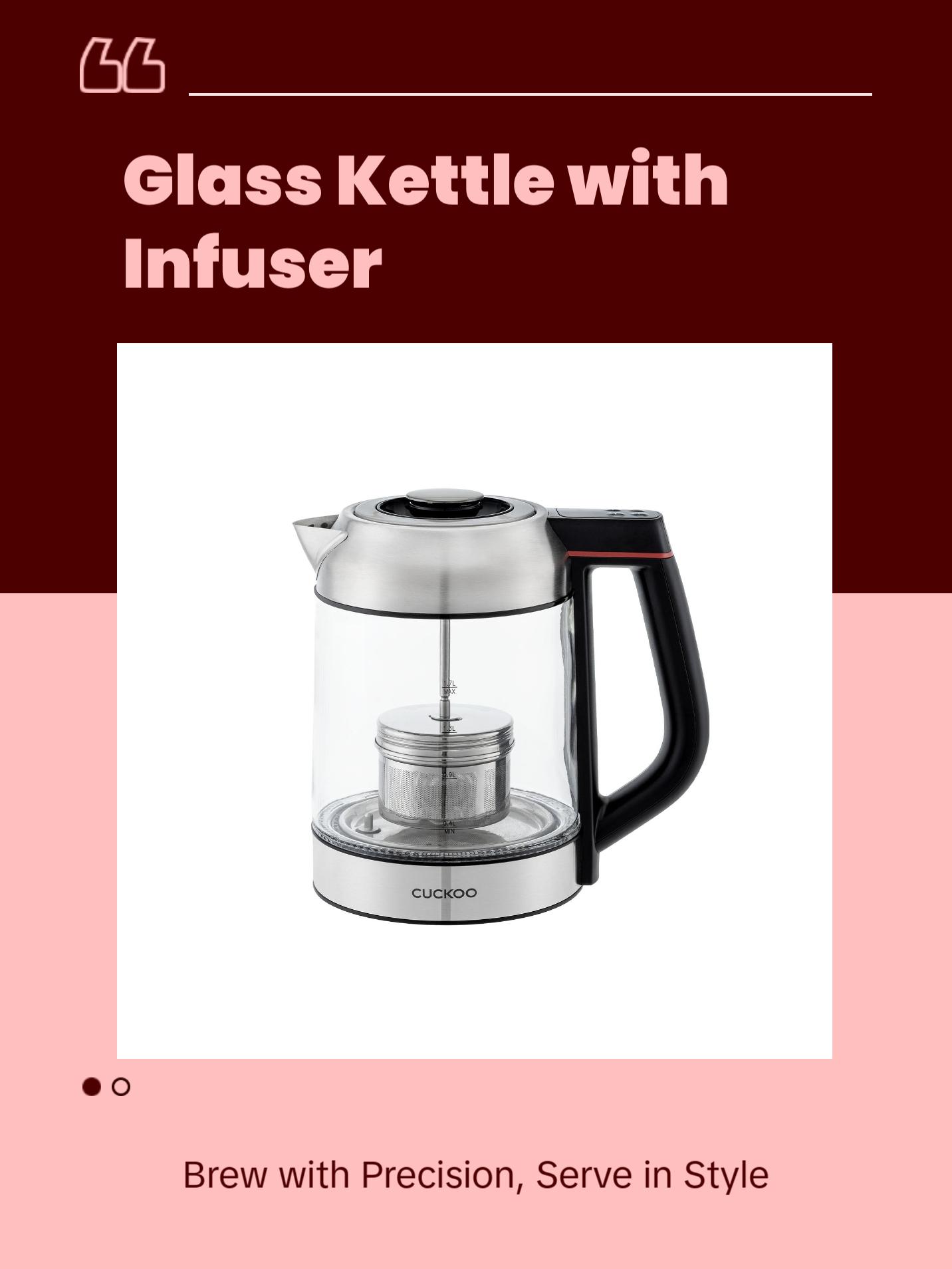 CUCKOO Electric Glass Kettle | Boil Water Fast, Stylish, Heat-Resistant Glass, Steel, with Tea Infuser Included (CK-G170BS)