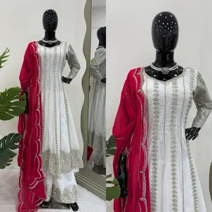 White Long Anarkali Kurtha Set with Red Shawl Intricate Embroidery Elegant Design for Special Occasions