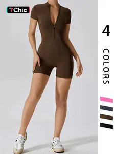 Fashion Zipper Yoga Jumpsuit Short Playsuit Women Romper Short Sleeve Gym Fitness Overalls One Piece Sports Suit Unitard, Athletic Style Activewear, Stylish Activewear, Gym Workout Clothes, Minimalistic Activewear