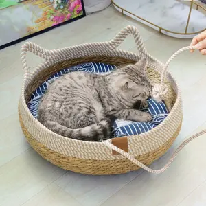 Universal Straw Woven Winter Warm Cat Bed, Cattail Woven Cat Supplies, Four Seasons Extra Large Pet Bed, In Stock for Cross-Border