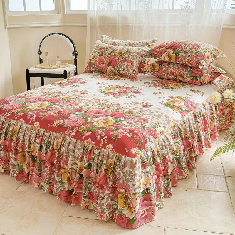 Floral Print Ruffled Edge Bed Skirt Set, 3 Counts/set Including 1 Count Bed Skirt & 2 Counts Pillowcase without Filler, Soft Comfortable Breathable Be