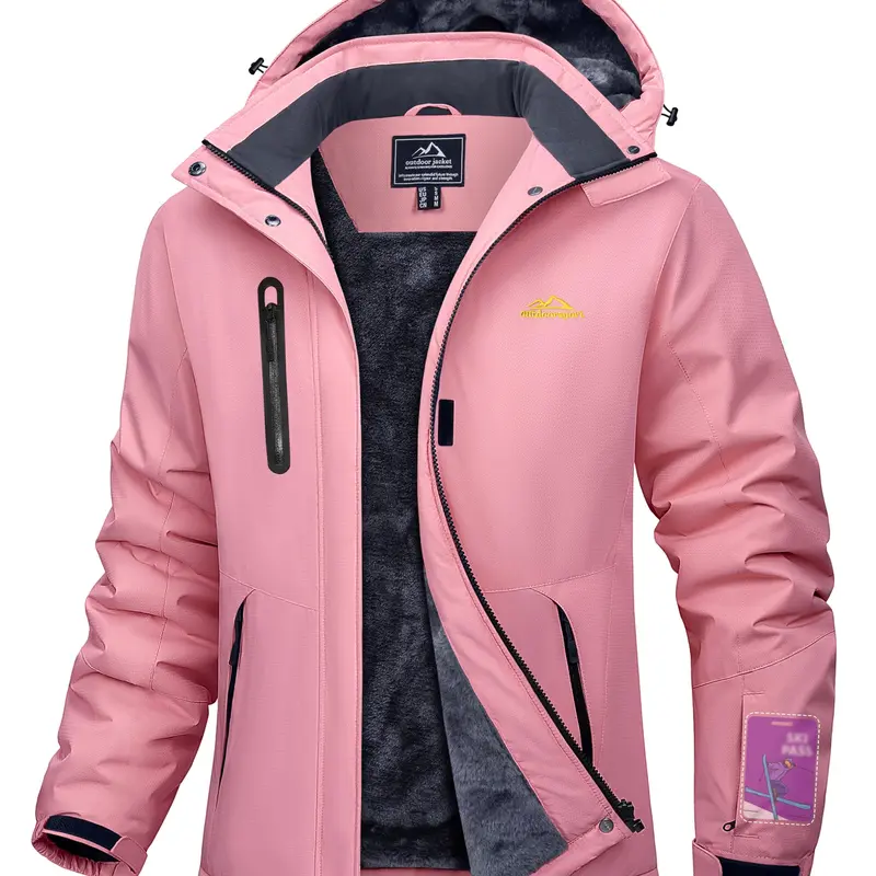 MAGCOMSEN Women's Waterproof Insulated Fleece-Lined Ski Jacket - Zip Up, Detachable Hood, Polyester, 5 Utility Pockets, Adjustable Cuffs, Ski Pass Holder, Cell Phone Pockets, for Mountain Skiing, Trekking