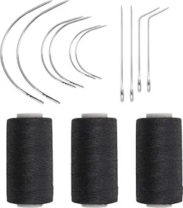 Weaving Needle Combo Deal Black Thread with 10pcs Needle for Making Wig Sewing Hair Weft Hair Weave Extension, Big Medium and Small C J Shape Curved Needle I Needle (3 Thread Black + 10 Needle)