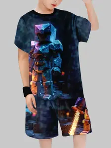 Minecraft Starry Sky Armor Role Cyber Style, Bottom Dark Tone Game Cool Boy Short Sleeve Two-Piece Set, Casual Fitted Top