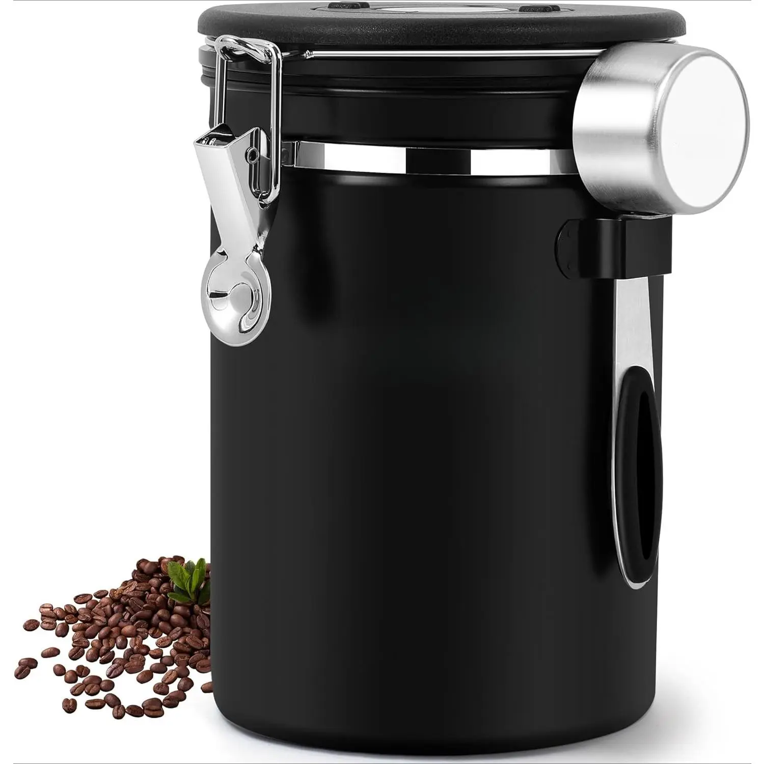 22oz Stainless Steel Coffee Canister - Airtight Food Storage Container with Date Tracker & Scoop - Premium Coffee Bean, Tea, Sugar, Flour Keeper - Elegant Black Kitchen Canister (Large Capacity)