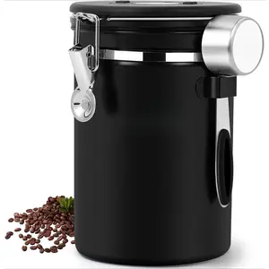 22oz Stainless Steel Coffee Canister - Airtight Food Storage Container with Date Tracker & Scoop - Premium Coffee Bean, Tea, Sugar, Flour Keeper - Elegant Black Kitchen Canister (Large Capacity)