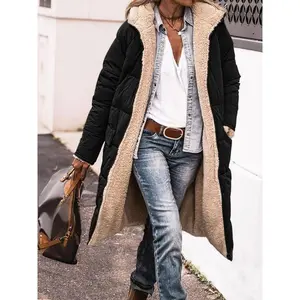 Women's Solid Pocket Zipper Hooded Winter Coat, Casual Thermal Lined Long Sleeve Reversible Outerwear for Daily Outdoor Wear