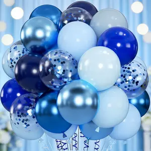 100pcs Blue Balloons - 12inch Metallic Royal Navy & Pearl Blue Balloons with Confetti for Birthday Baby Shower Graduation Party Decorations (with 66ft Ribbons)