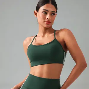 Colorfulkoala Women's Dreamlux Y-Back Adjustable Sports Bra Contrast Double Stripe Design Hidden Elastic Hem Removable Pads Yoga Set Compatible