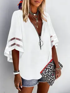 Solid color V-neck zipper chiffon shirt for women, with multiple colors available. Perspective splicing flared sleeve top, loose and slimming, versatile casual shirt