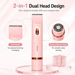 Electric Bikini Trimmer for Women, Rechargeable 2-in-1 Body and Facial Hair Removal, Dual-Head Electric Shaver and Razor for Pubic Hair, Face, Underarms and Legs, Waterproof USB Cordless Trimmer