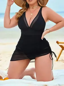 【 Plus Size】 Solid Color Ruched V Neck One-piece Swimsuit, Casual Sleeveless One-piece Swimwear for Beach Holiday Vacation, Women's Swimsuit for All Seasons, Summer Swimsuits, Bodycon Swimsuit