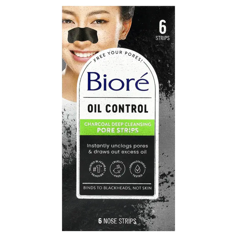 Biore Charcoal Deep Cleansing Pore Strips, Oil Control, 6 Nose Strips