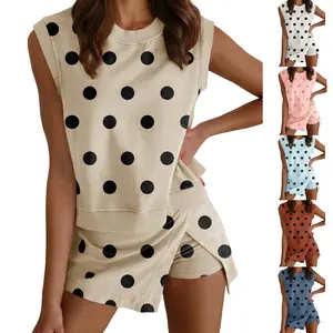 JovenPara Women's 2-Piece Sports Outfits, Polka Dot Print Color Block Ribbed Tank Top with Matching Mini Skort, Summer Lounge Sets