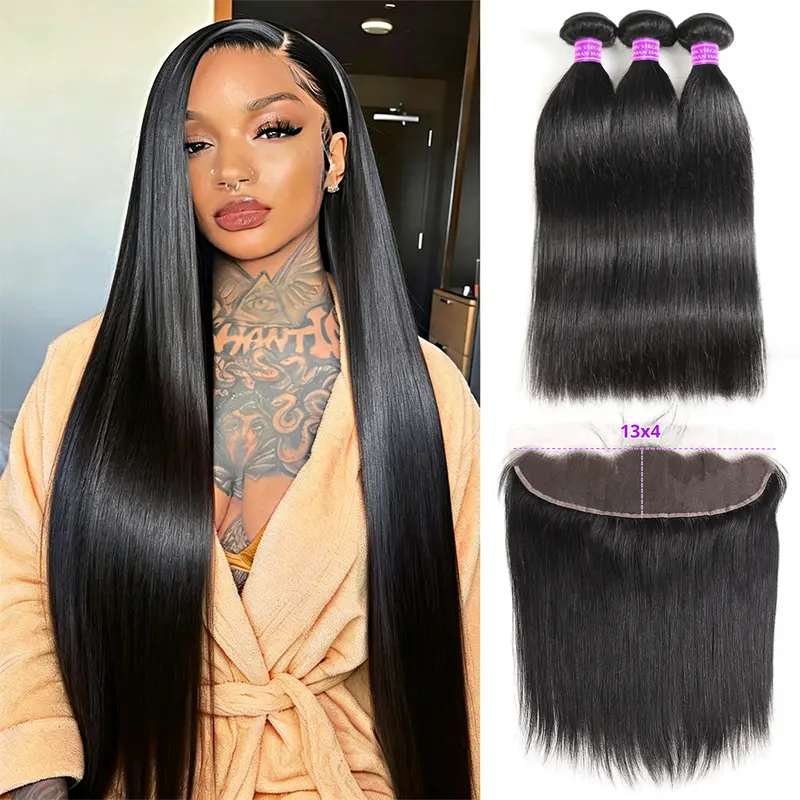 Natural Straight Raw Human Hair Extensions - 13x4 Ear To Ear Lace Frontal Closure with Hair Bundles