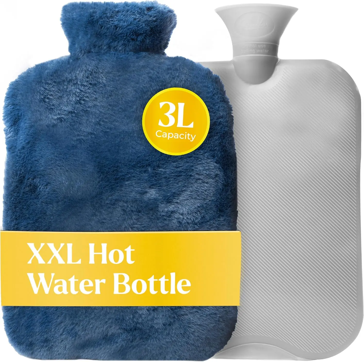 Qomfor XXL Large Hot Water Bottle with Faux Fur Cover 3L - Soft Fluffy Cozy Hot Water Bag for Bed Warming and Cold Nights - Durable Leak Proof Design - Available in Blue and Grey