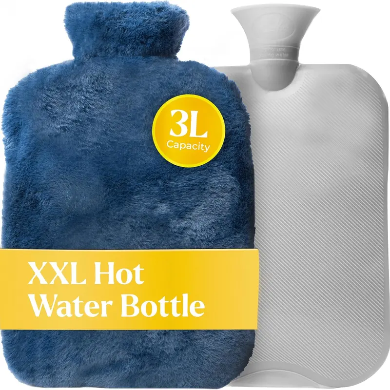 Qomfor XXL Large Hot Water Bottle with Faux Fur Cover 3L - Soft Fluffy Cozy Hot Water Bag for Bed Warming and Cold Nights - Durable Leak Proof Design - Available in Blue and Grey