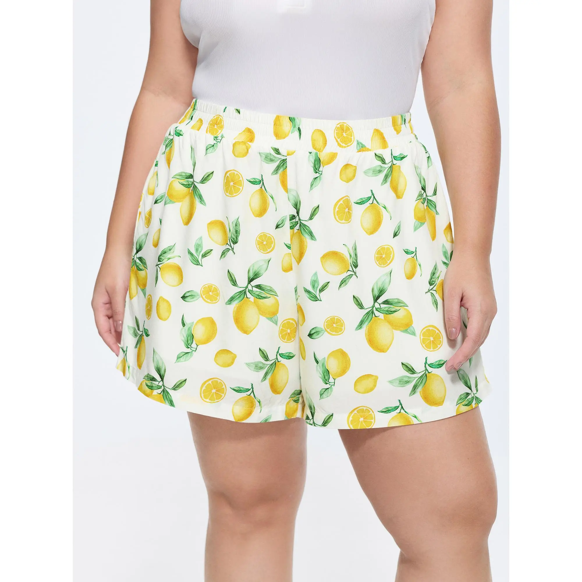 BloomChic Plus Size Lemon Print Shorts, Breathable Rayon with a Smocked Mid Rise Waist and Pockets, Flowy Resort Style for Everyday Summer Wear, Original, Smooth, Fabric, Simple, Fruit, Resort Shorts, Machine Wash, Bottom, Lady, Women, Plus Size Shorts