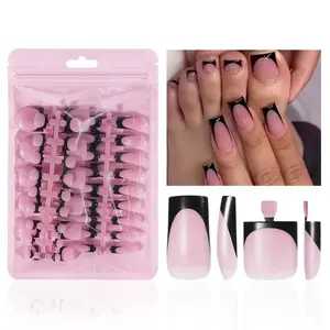 Black French Tip Press On Nails 60Pcs Square Medium Full Cover With Toenails For Women