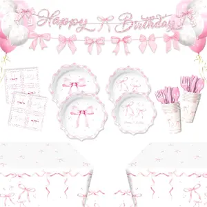 138pcs Pink Bow Plates Napkins Birthday Party Supplies Paper Cup Disposable Tablecloth Balloons Banner Dinnerware Sets Pink Bow Themed Coquette for Girls B