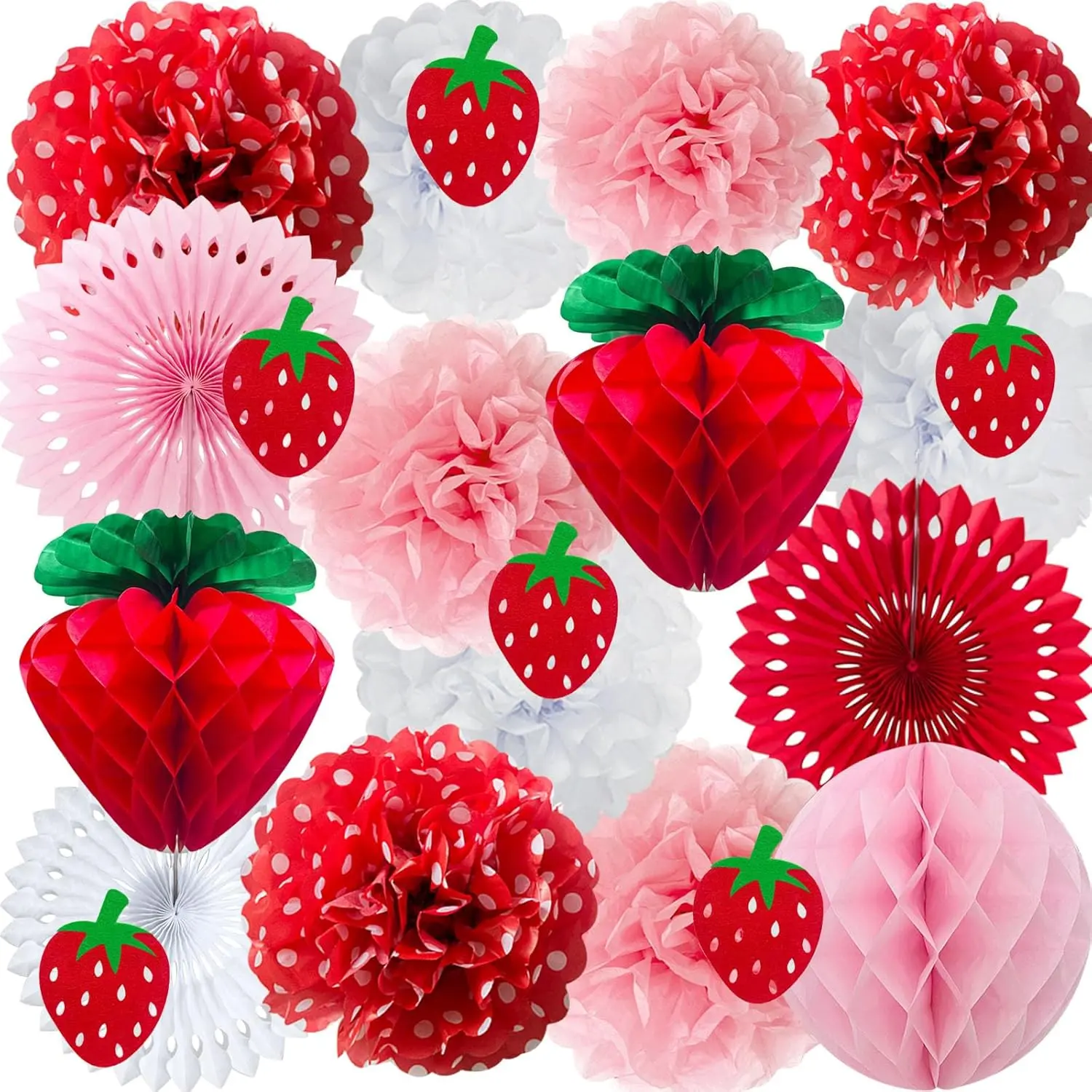 Strawberry Party Decorations Pack - Felt Colorful Set with Red-Pink-White Tissue Fans, Honeycomb Balls, Lanterns Garland for Birthday Events Classroom Decor (School & Educational Supplies)